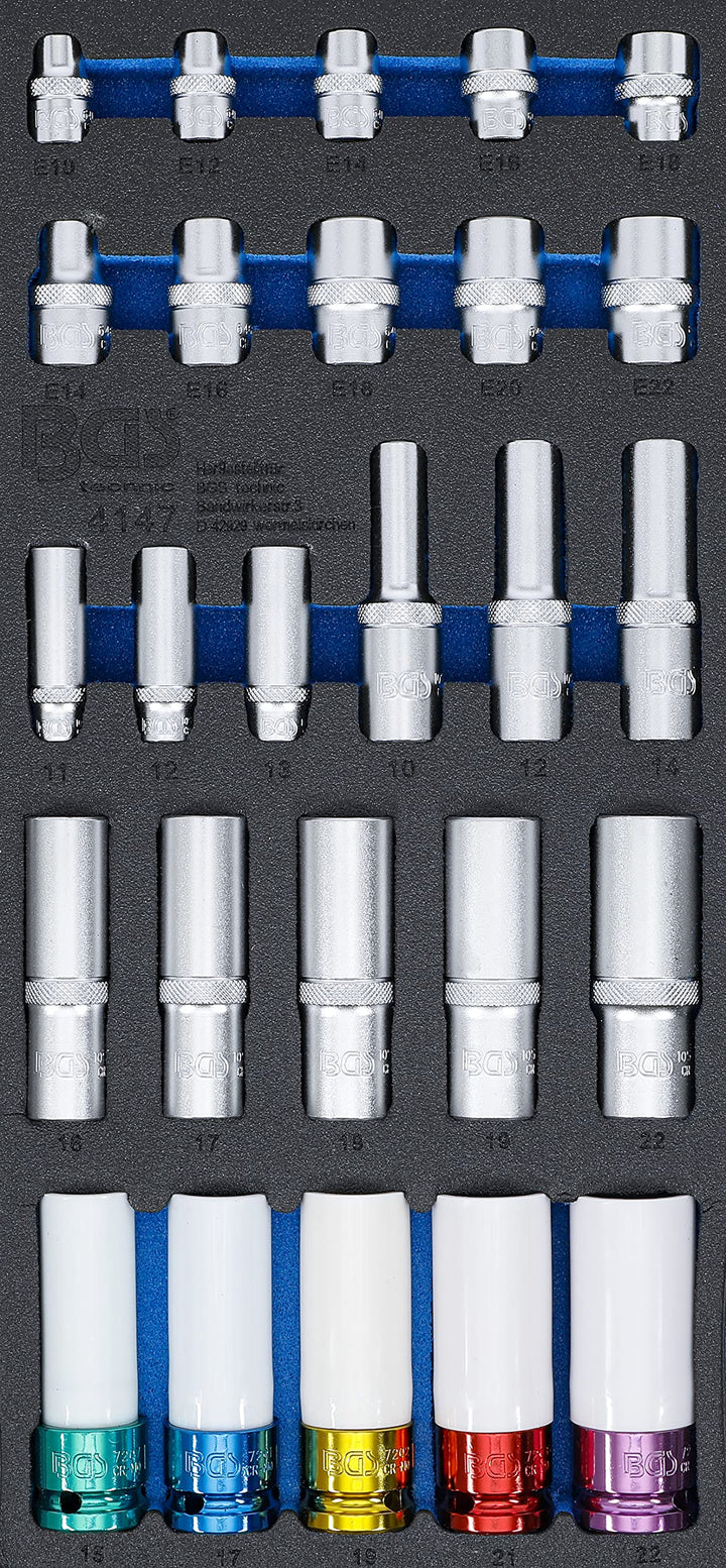 BGS 4147 | Werkstattwageneinlage 1/3: Steckschlüssel-Einsätze | Sechskant, tief 11 - 22 mm | E-Profi