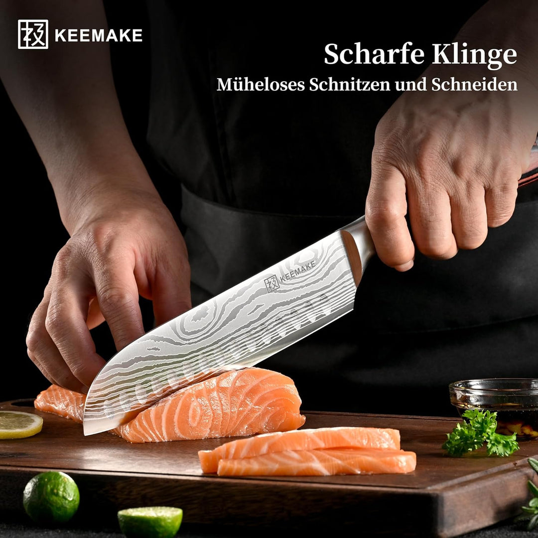 KEEMAKE Küchenmesser Set 5 teilig, Messerset aus Edelstahl mit Profi Brotmesser Kochmesser Santoku M