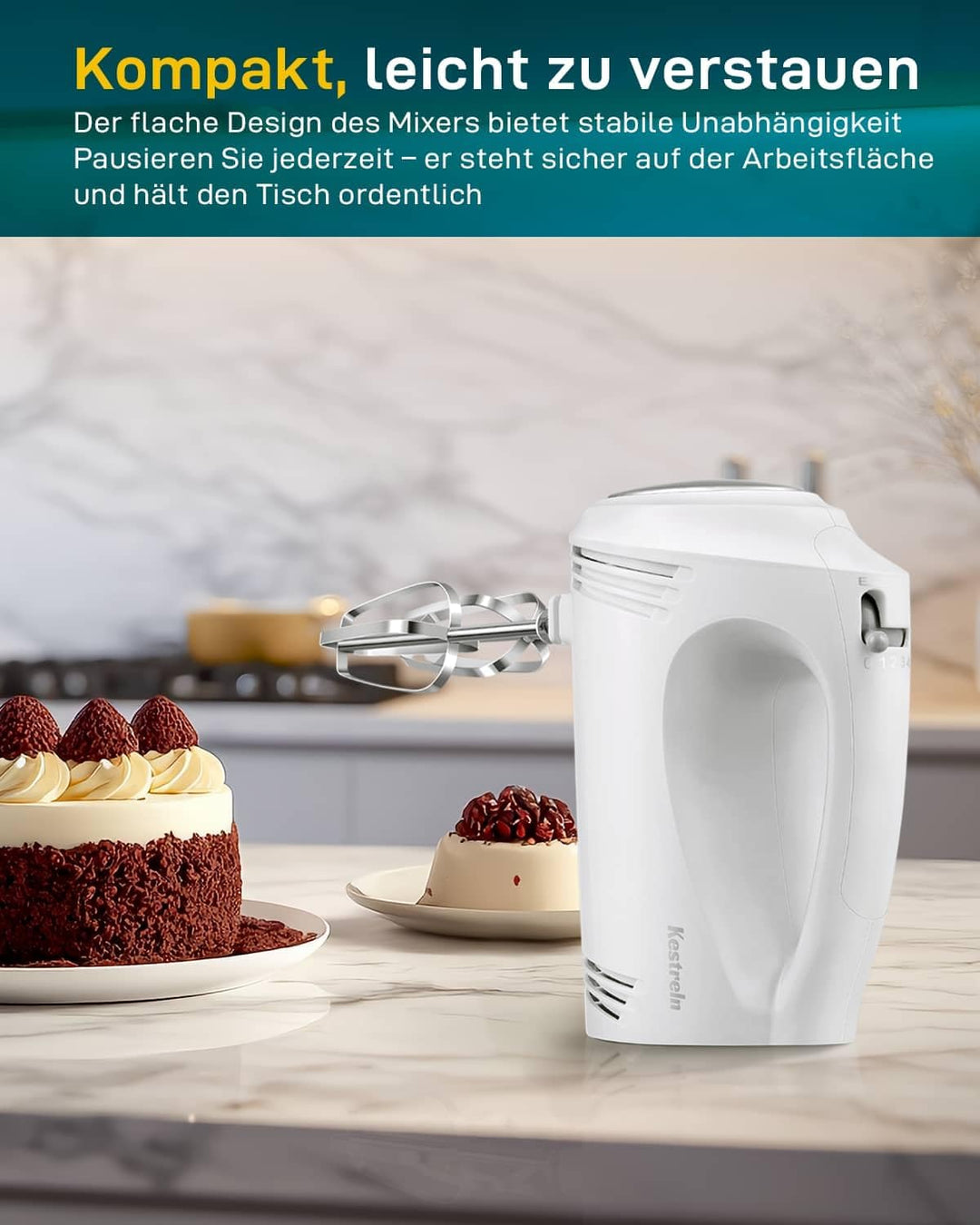 Kestreln Handmixer 350 Watt, 5 Geschwindigkeiten, Edelstahl Schneebesen & Knethaken, ergonomischer G