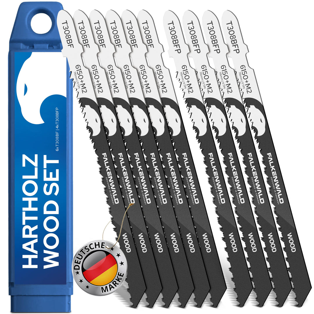FALKENWALD® Stichsägeblätter Holz Set 10tlg - 6x T308BF + 4x T308BFP - T-Schaft HCS - Für Hartholz,