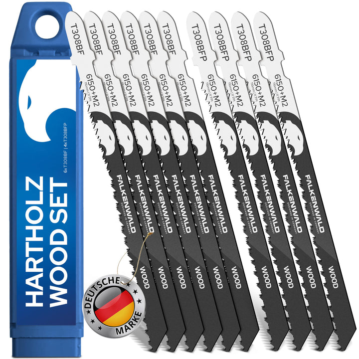 FALKENWALD® Stichsägeblätter Holz Set 10tlg - 6x T308BF + 4x T308BFP - T-Schaft HCS - Für Hartholz,