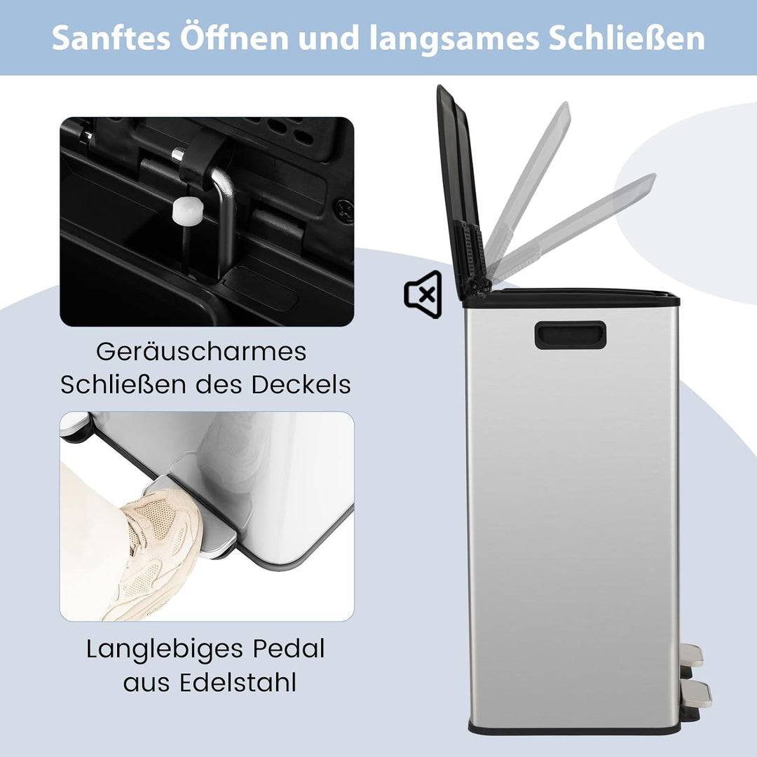 COSTWAY Mülleimer 2 Fächer, 2 x 30L Abfalleimer Küche, Tretmülleimer mit sanft schliessendem Deckel,