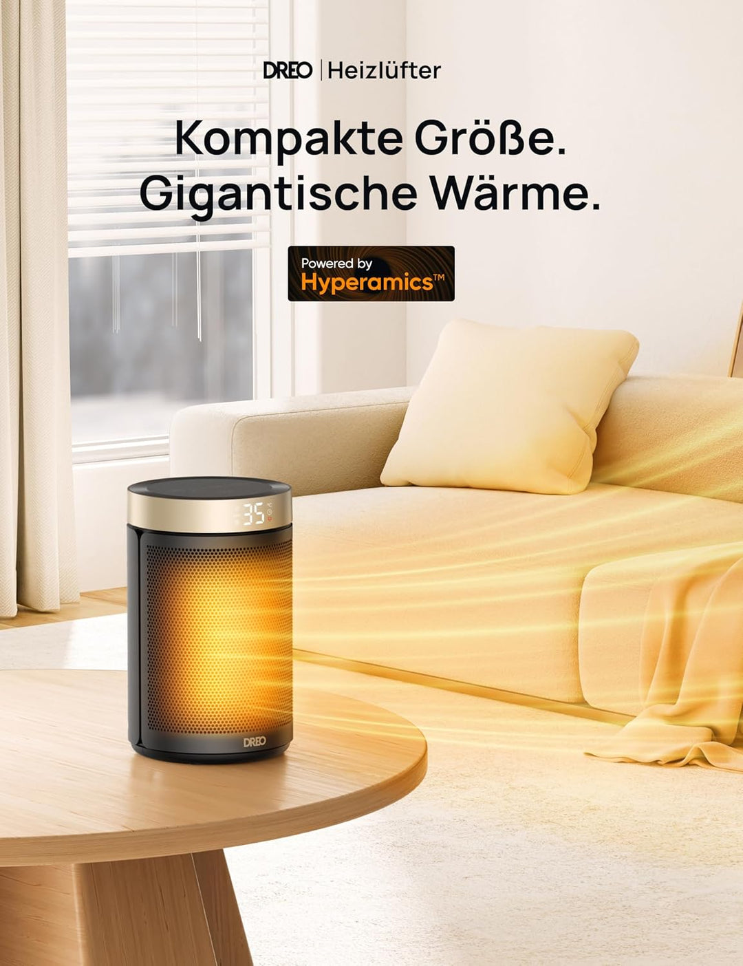 Dreo Energiesparender Heizlüfter, 34 dB Leiser 1500W Elektrischer PTC Keramik, Thermostat, Überhitzu