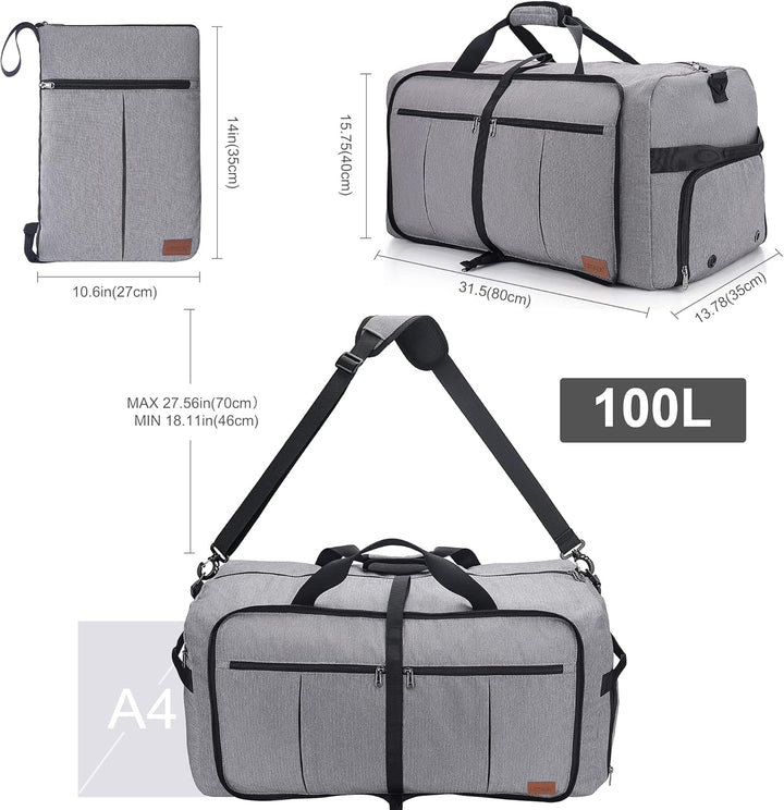 Urtala Faltbare Reisetasche für Herren & Damen, 100L Gross Weekender Übernachtungstasche mit Schuhfa