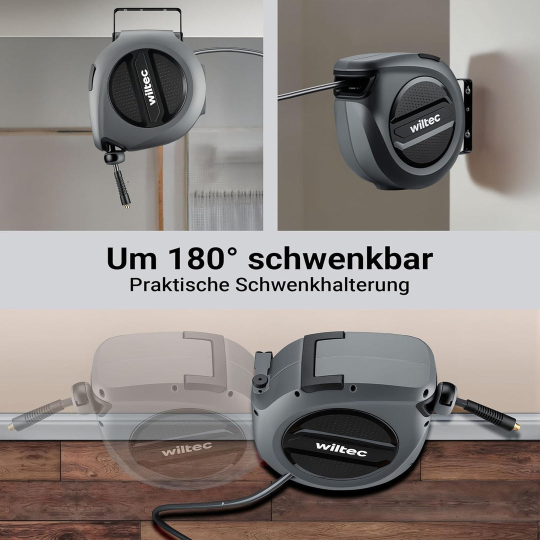 Wiltec Druckluft Schlauchtrommel 15 m, automatische Druckluftschlauchtrommel Stahl, 17 bar Druckluft