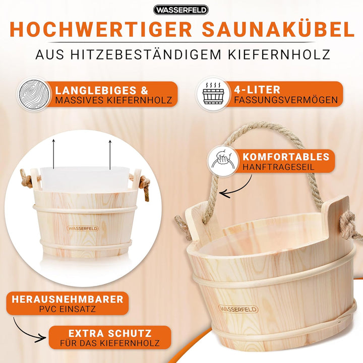WASSERFELD® Sauna Eimer Set (4 Liter) - Hochwertiger Sauna Eimer mit Kelle - Hitzebeständiger Saunak
