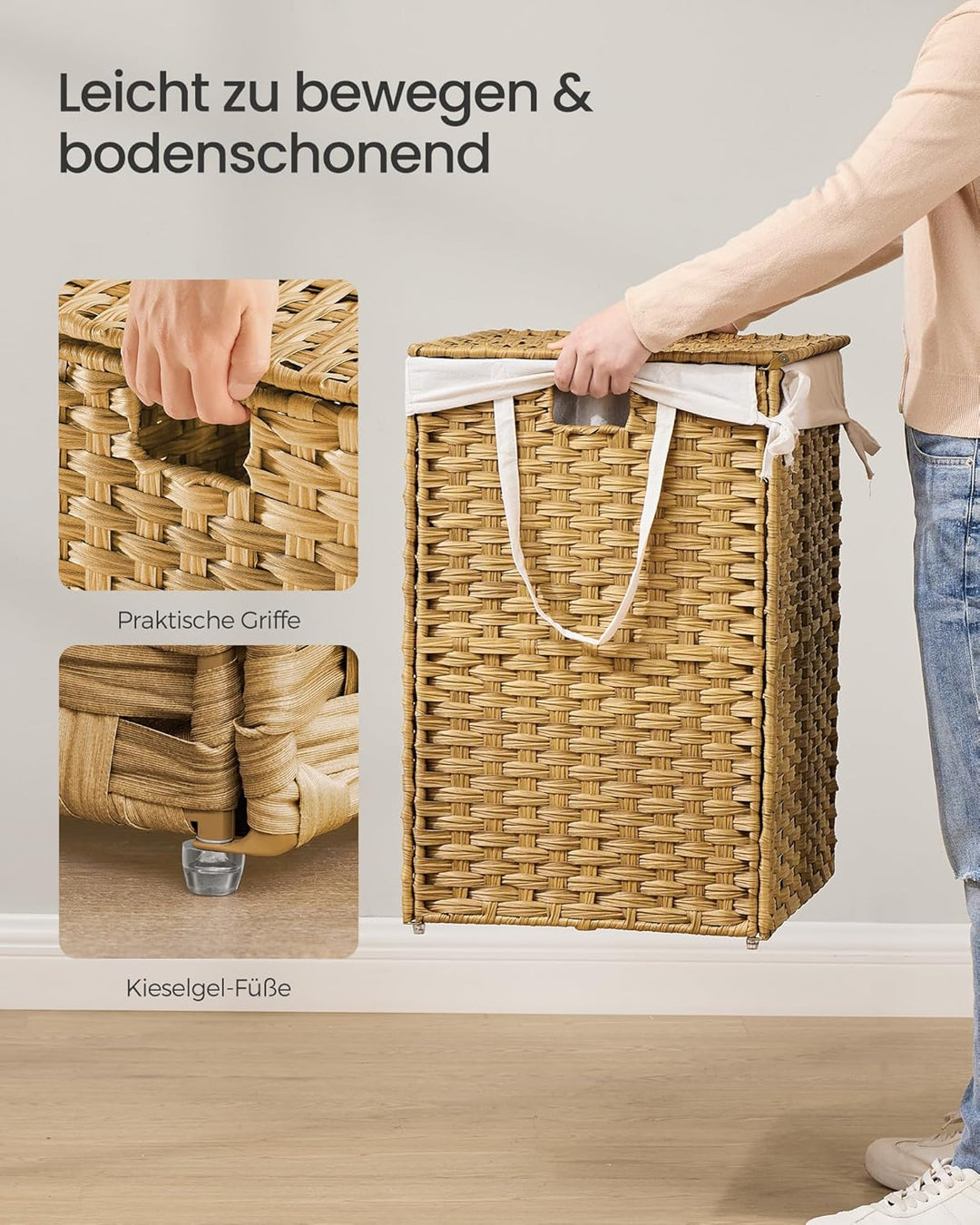 SONGMICS Wäschekorb 2 Fächern, Wäschesammler 160 L, Wäschebox aus synthetischem Rattan, mit Deckel u