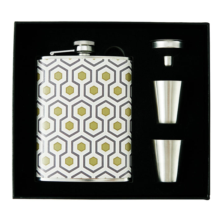 Luxuriöses 237 ml Edelstahl-Flachmann-Geschenkset mit 2 Schnapsgläsern und Trichter, lederbedruckter