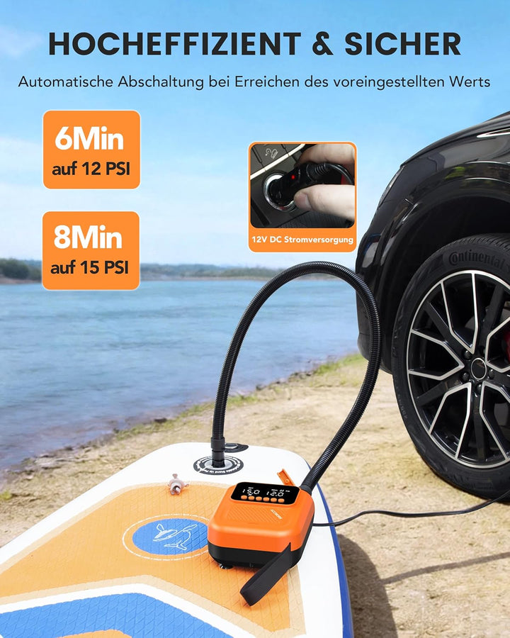 Accwork Elektrische SUP Pumpe 20 PSI ohne Akku, 12V DC Autoanschluss, Auto-Stopp, 2-stufiges Aufpump