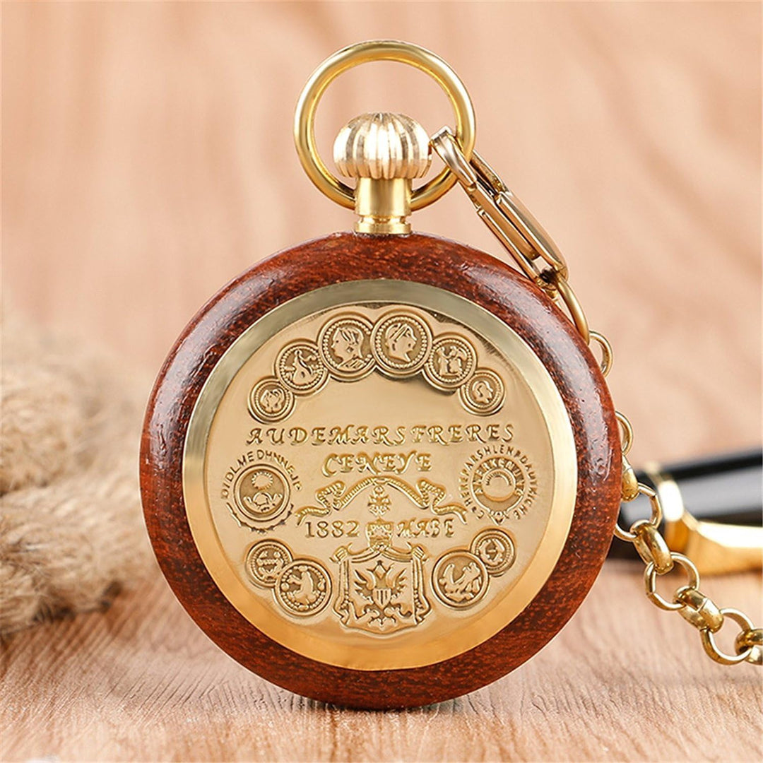 TREEWETO Unisex Holz Taschenuhr mit Kette Analog Handaufzug Skelett Römische Ziffern
