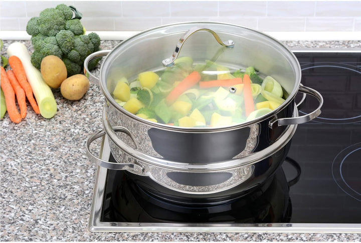 GRÄWE Topf mit 1 Dampfeinsatz und Glasdeckel, Kochtopf zum Dünsten, 28 cm, Dampftopf, Dampfgarer, Ge