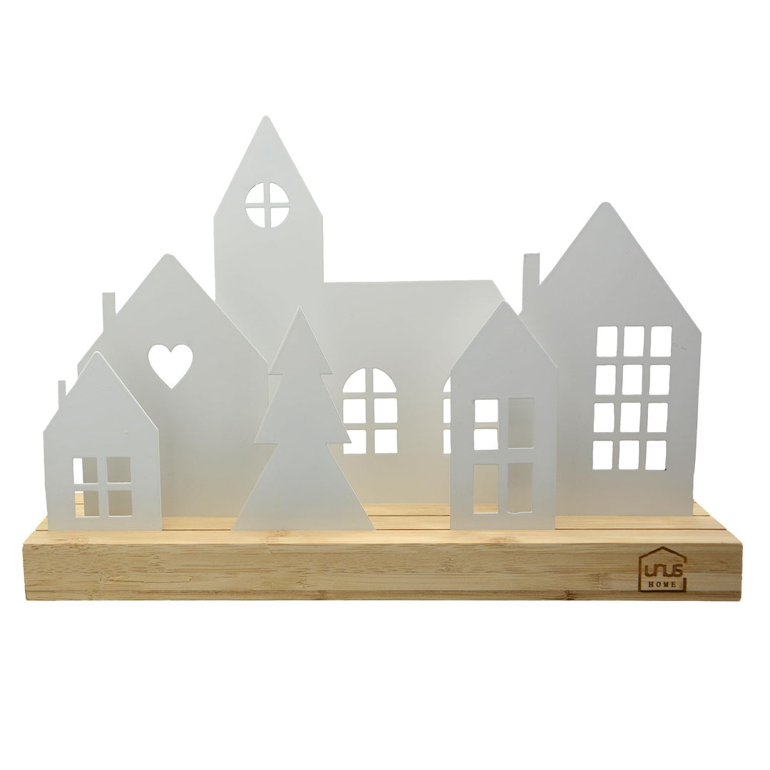 UNUS Häuser-Aufsteller Stadt Holz Metall Deko-Häuser 4 Häuser weiss 30 cm Weiss 4 Häuser, Kirche und