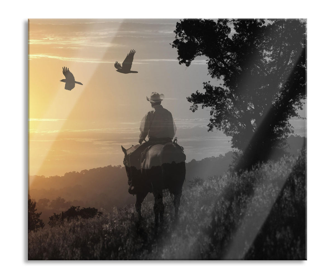 Ein Cowboy im Sonnenuntergang Herdabdeckplatte & Spritzschutz aus Echtglas | Für Herd-Kochfelder | 6