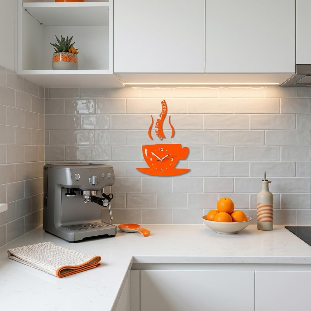 FLEXISTYLE Tasse Time for Coffee Moderne Küche (Zeit für Kaffee) Wanduhr, orange, 3D römisch, wanduh