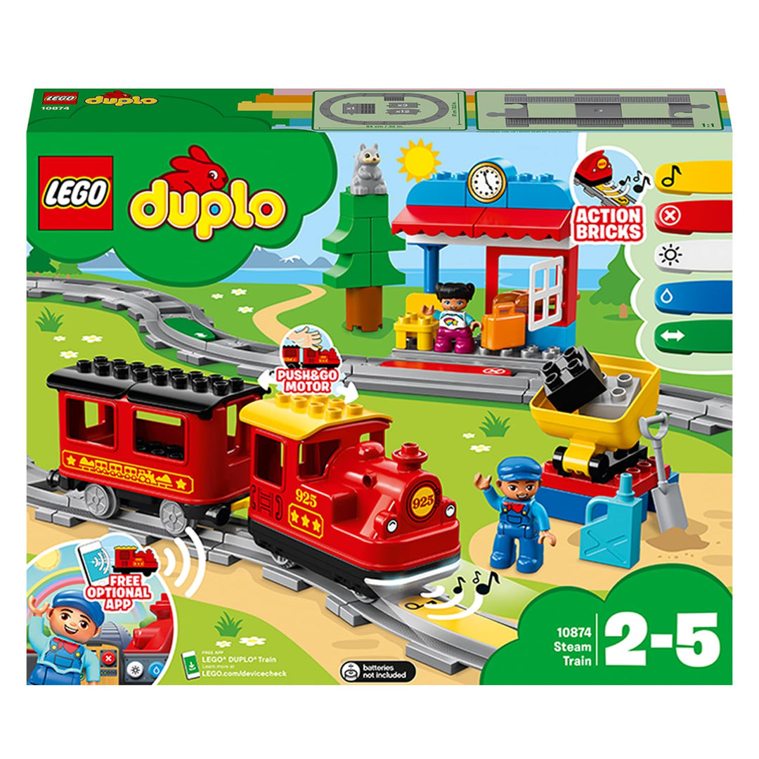 LEGO 10874 DUPLO Dampfeisenbahn, Spielzeugeisenbahn mit Licht & Geräuschen und Push-&-Go-Motor, Spie