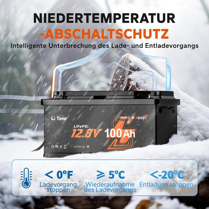 LiTime 12V 100Ah LiFePO4 Wohnmobil Batterie mit Bluetooth &amp; 100A BMS, Tieftemperaturschutz, 4000-150