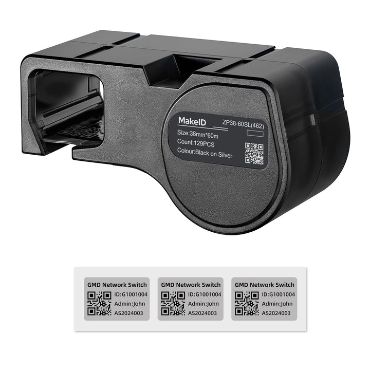 MakeID PET-Etiketten für Industrie-Etikettendrucker D50 – Schwarz auf Silber, 38 mm x 60 mm (129 Stü