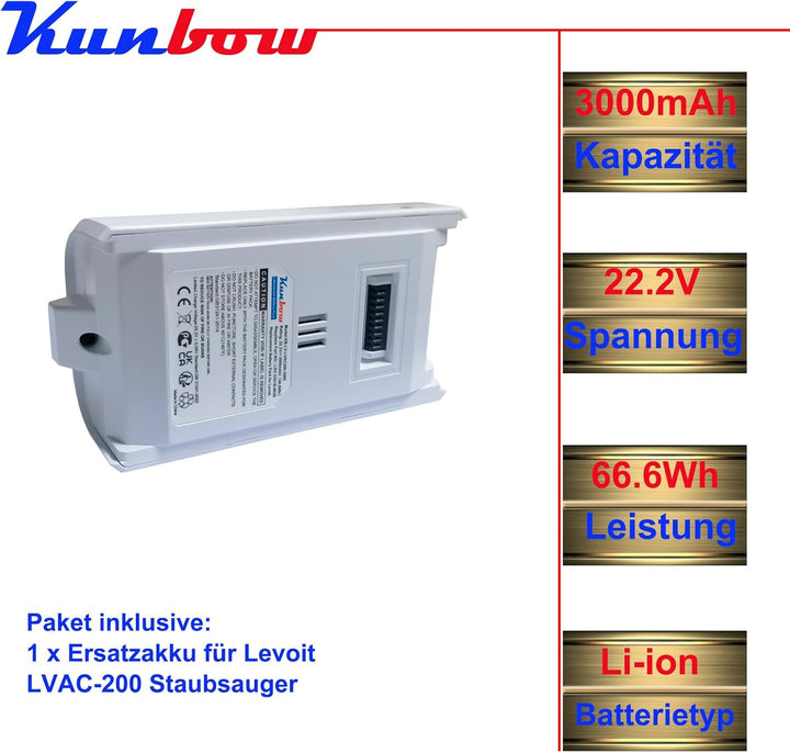 Kunbow 3000mAh Ersatzakku für Levoit LVAC 200, Ersatzbatterie für Levoit LSV-V201-WUS Akku Staubsaug