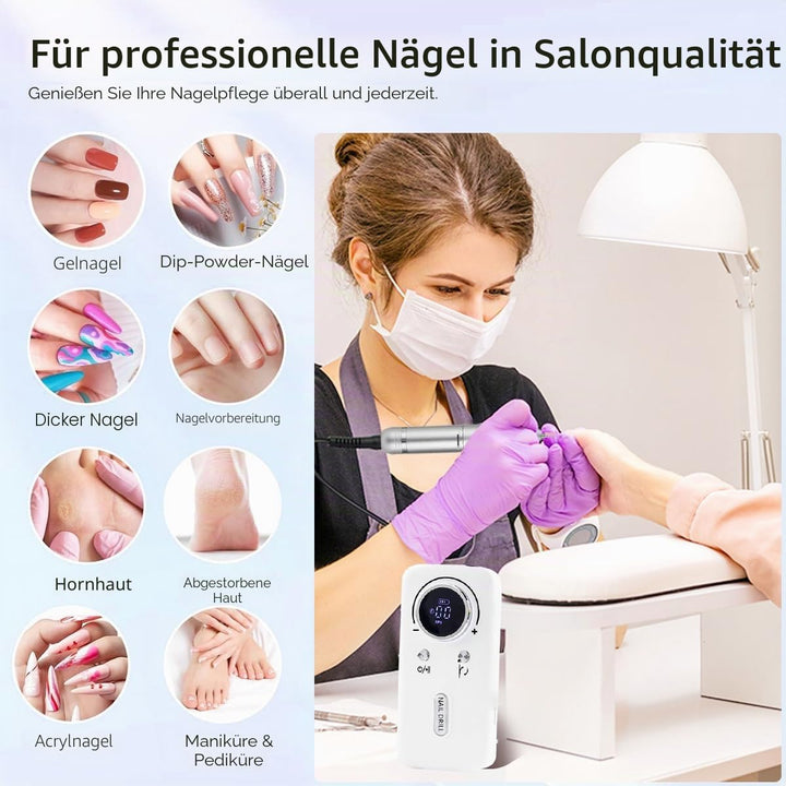 Elektrische Nagelfeile/Nagelfräser 45000 U/min [LCD+12 Köpfe] – Leise aufladbare Nagelmaschine mit 1