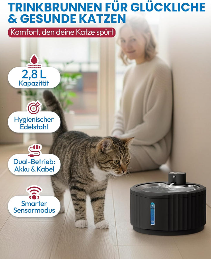 Miaura® Katzenbrunnen kabellos und super leise - Trinkbrunnen für Katze 2.8L Kapazität - Katzen Trin