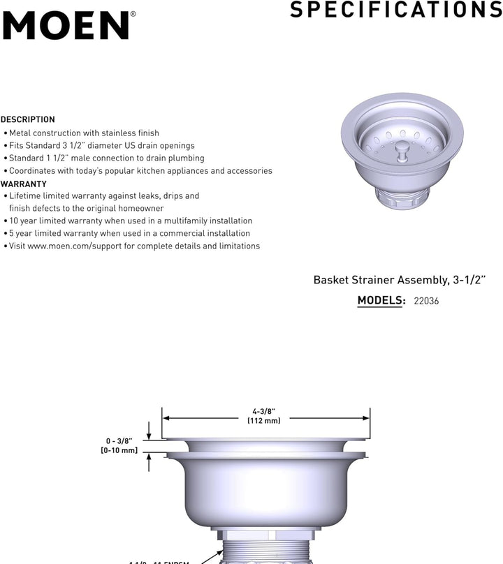 Moen 22036 Collection Küchenspüle, 3-1/2 Zoll, Edelstahl, Korb-Sieb mit Ablaufgarnitur, Rostfrei, Pa