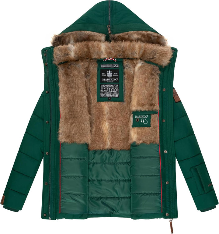 MARIKOO Damen Winterjacke warme Steppjacke mit Kunstfell Innenfutter Nekoo XS-3XL 3XL Evergreen, 3XL
