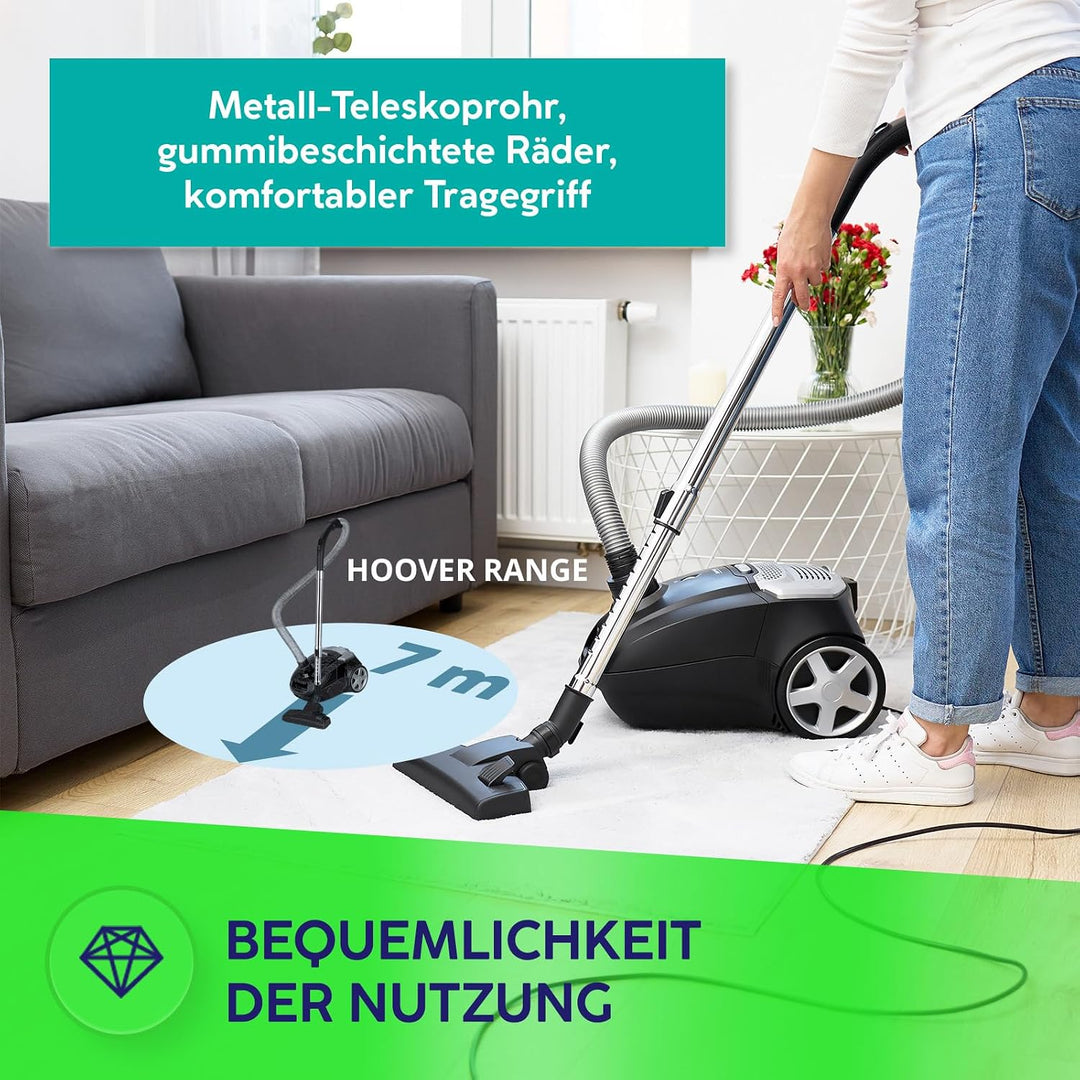 MPM Staubsauger mit Beutel MOD-54 – 5 Düsen - HEPA 13 Filter - 3,5L Staubbeutel - Teleskoprohr – Ide