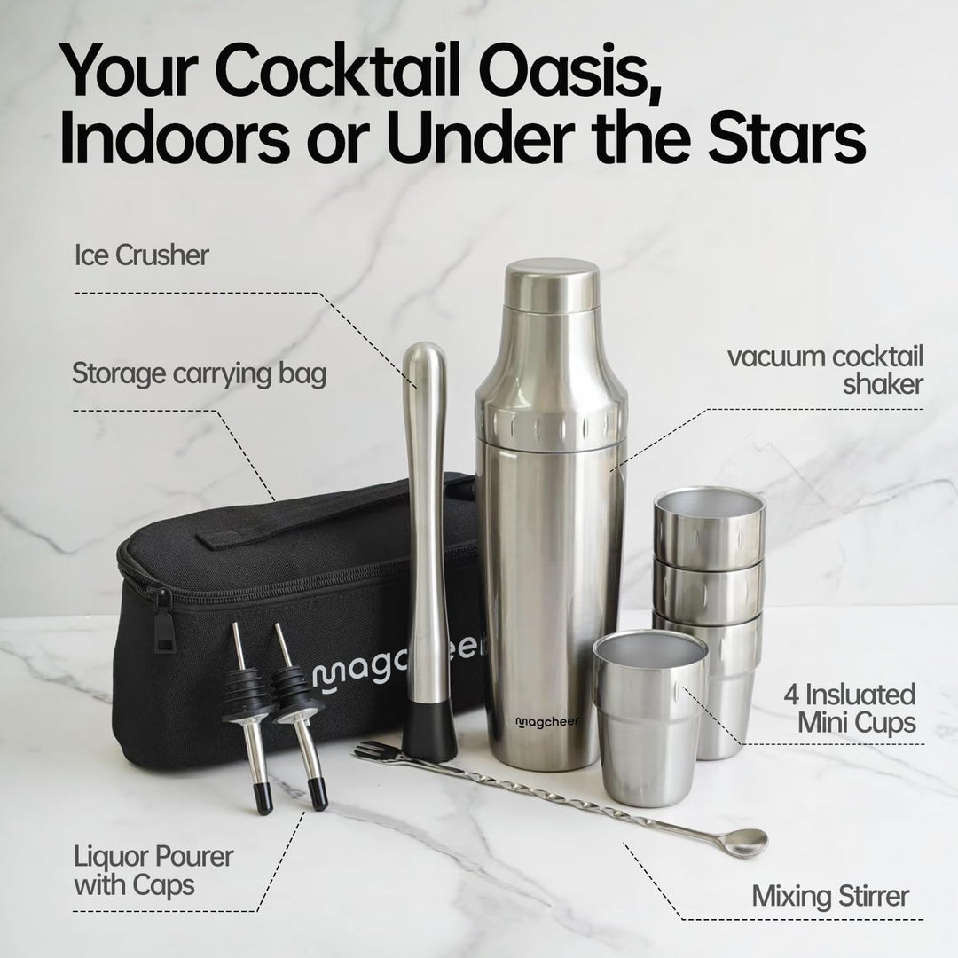 Cocktail Shaker Set mit Stapelbaren Bechern 900ml Premium Edelstahl Frostsicherer Doppelwand-Barkeep