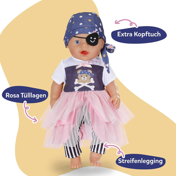 Baby Born Piratenmädchen-Outfit mit Kleid, Hose, Kopftuch und Augenklappe für 43cm Puppen