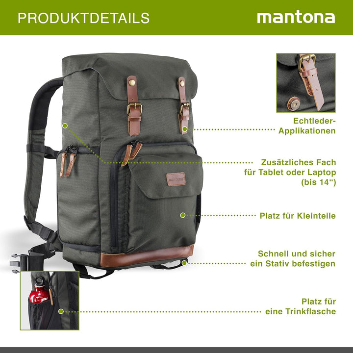 Mantona 21343 Luis Retro Fotorucksack (mit Echtleder-Applikationen, inkl. Regenschutzhülle, flexible