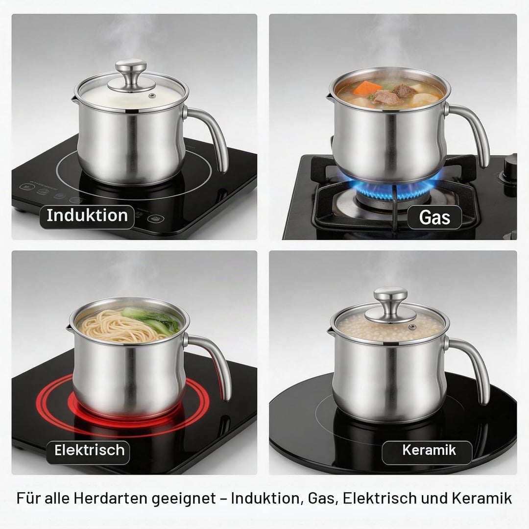 2L Milchtopf Edelstahl mit Glasdeckel und Ausgiesser, Kochtopf Induktion mit Griff, Simmertopf Puddi