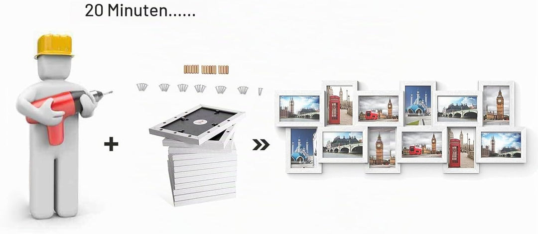 SONGMICS Bilderrahmen für 12 Fotos à 10 x 15 cm, MDF Wandmontage, Weiss RPF22W