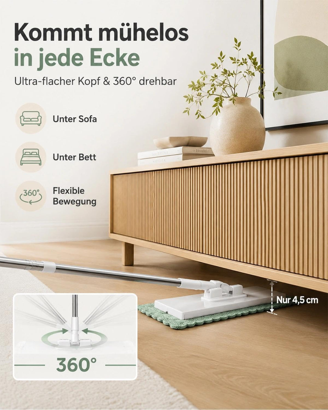 NEU Wischmopp mit Druck-Klemm-System: Ohne Händewaschen,1-Knopf-Wechsel, Automatisches Klemmtuch, Bo