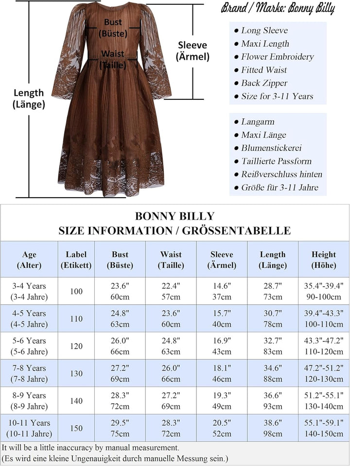 BONNY BILLY Mädchen Kleider Vintage Spitze Tüll Festlich Hochzeit Lang Abendkleid Ballkleid Partykle