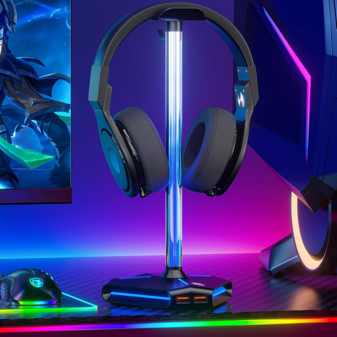 ALACOO RGB Kopfhörer Ständer, Headset Halterung Halter mit 2 USB 2.0-Anschlüssen, Typ C Eingang & Au