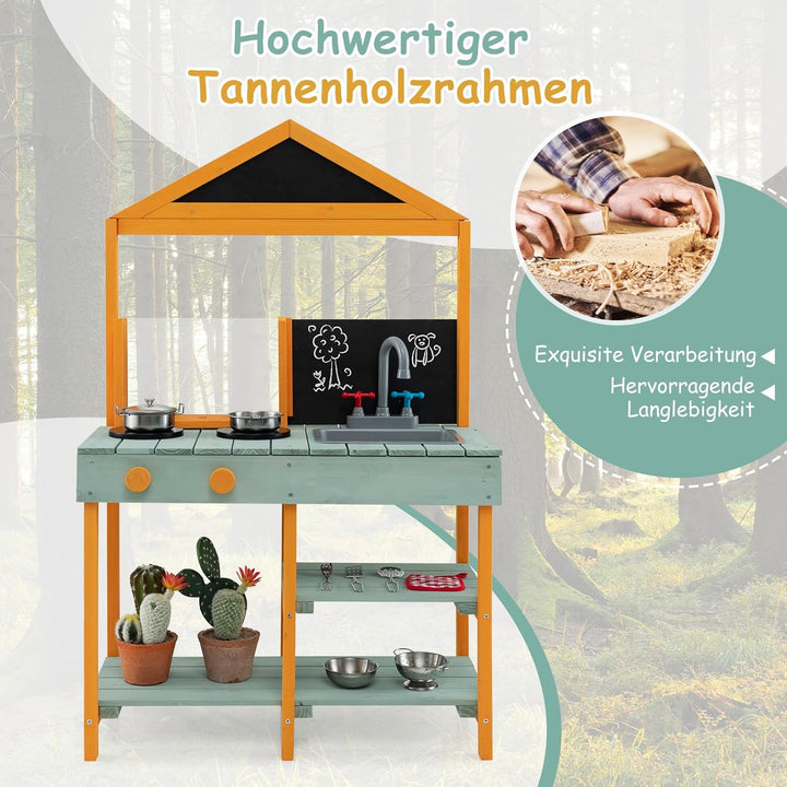 COSTWAY Matschküche Kinder Outdoor, Kinderküche Tannenholz mit Pflanzbehälter & 2 Kreidetafeln & Was