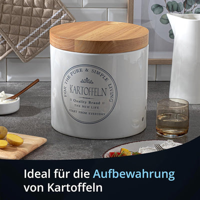 KHG Kartoffeltopf Keramik Steingut Weiss Holzdeckel Bambus, Kartoffel Aufbewahrung, ca. 4 kg oder 9