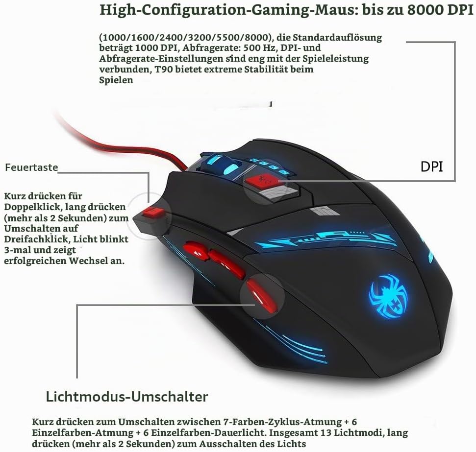 zelotes Kabelgebundene Gaming Maus mit 9200 DPI,8 programmierbarem Tasten,Verstellbarem Gewicht,RGB-