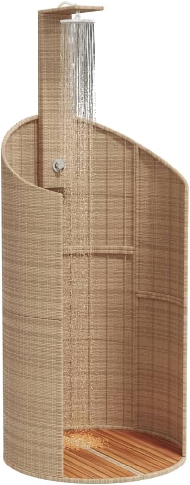 Gartendusche Beige 100x100x241.5cm Poly Rattan Akazienholz Pooldusche mit WPC-Grundplatte mit Kopfbr