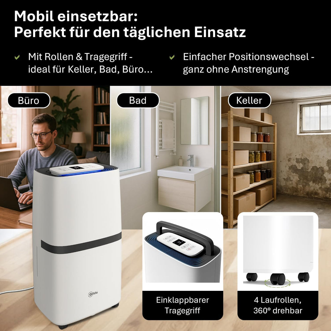 alfda AEF2000 Luftentfeuchter elektrisch 20 L Tag | 20 L Tag, bis 30m², Abschaltautomatik, Hygrostat