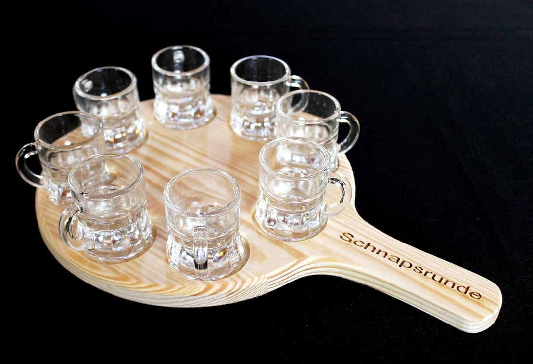 DanDiBo Schnapsrunde 20 cm mit Gravur und 8 Gläser Schnapsbrett Leiste Schnapslatte