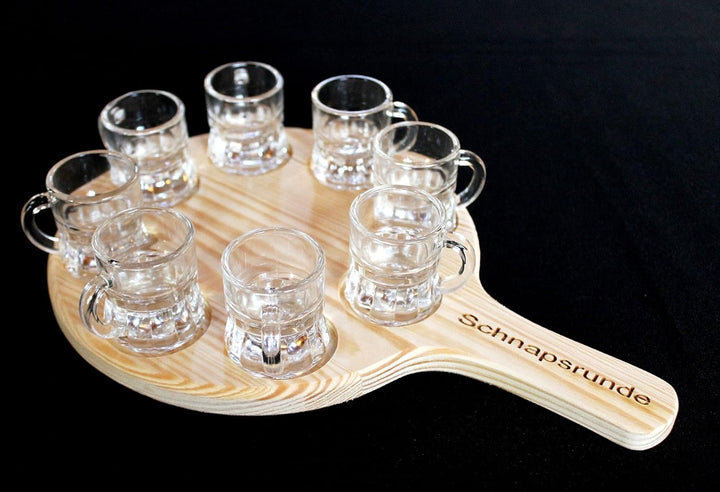 DanDiBo Schnapsrunde 20 cm mit Gravur und 8 Gläser Schnapsbrett Leiste Schnapslatte