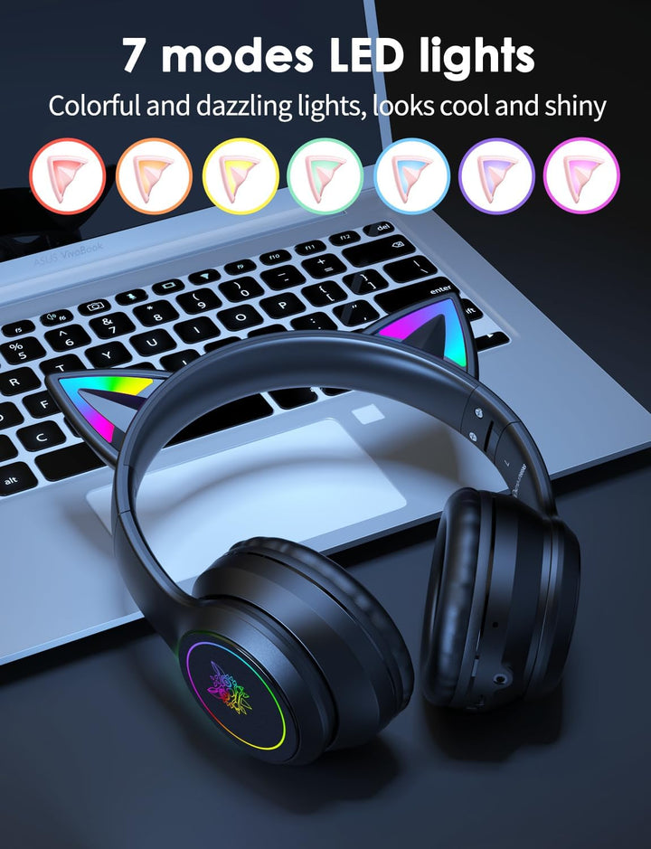 Bluetooth-Kopfhörer mit LED-Katzenohren – Kabelloses Over-Ear Headset mit Mikrofon, Hi-Fi Stereo-Sou