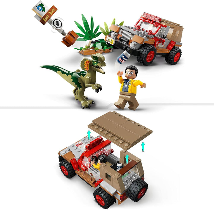 LEGO 76958 Jurassic Park Hinterhalt des Dilophosaurus, Dinosaurier Spielzeug Set mit Figur und Jeep