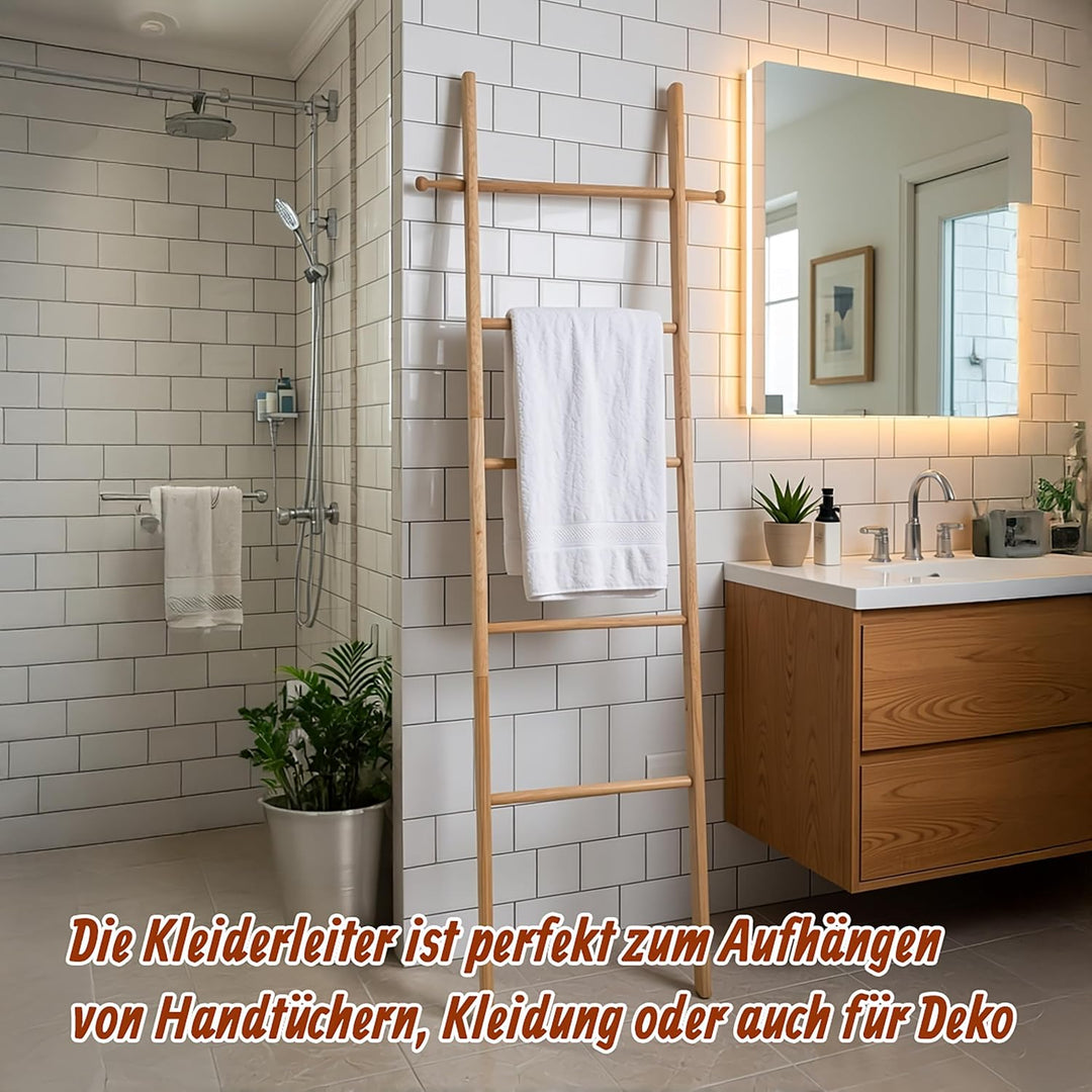 Relaxdays Handtuchleiter, 5 Sprossen, H x B: 170 x 43 cm, Natur | Walnussholz, Handtücher, Badezimme