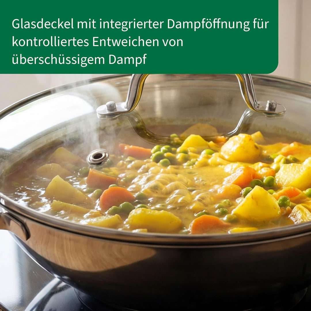 FACKELMANN Chefkoch trifft Wokpfanne Rosenheim – Ø30 cm, Glasdeckel inkl. Dampföffnung und Aluminium