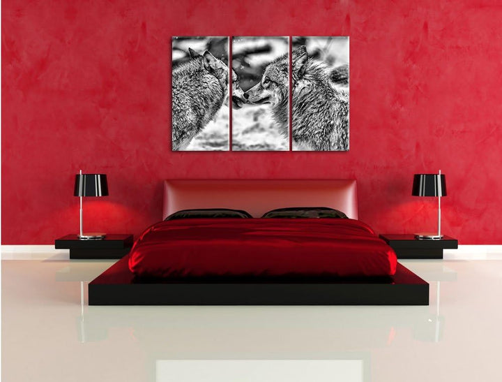 Pixxprint liebevolle Wölfe im Schnee als Leinwandbild/Grösse: 3 Teilig (120x80) cm/Wandbild/Kunstdru