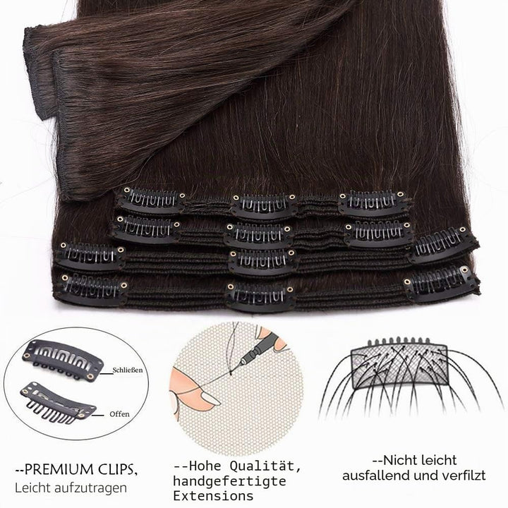 SEGO Clip in Extensions Echthaar Haarverlängerung Haarteil Doppelt 8 Teile hitzebeständig glatt Dunk