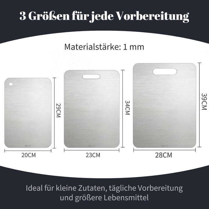 Titan Schneidebrett, 304 Edelstahl, Metall-Schneidebretter in 3 Grössen für Fleisch, Obst & Gemüse,