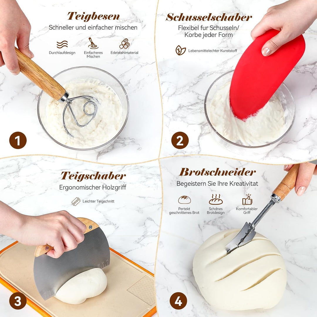 Gärkörbchen Rund + Ovale, Sauerteig Starter Set, 31-teilig Gärkorb Brot, Mit Sauerteig Starterglas,